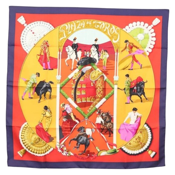 HERMES Carre 90 Scarf ""PLAZA DE TOROS"" Silk Orange Auth am8844 - Picture 1 of 13